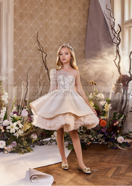One Shoulder Beaded Champagne Lace Satin Flower Girl Dress
